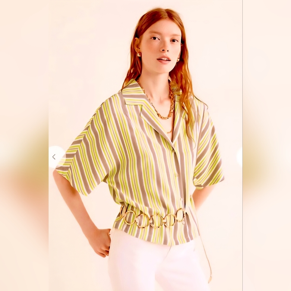 MANGO • Boxy Striped Drop Shoulder Printed Short Sleeve Button Shirt • L
